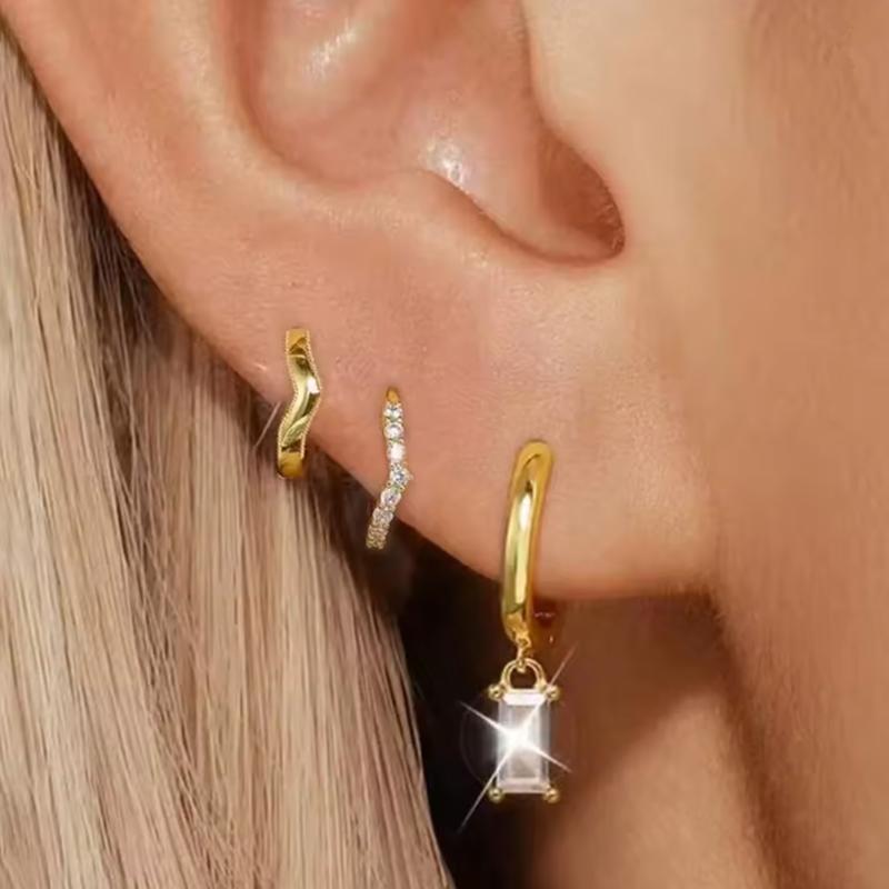 3PCS Crystal Flower Tragus Stud Earring Set Women Fashion Square Huggie Hoop Earring Bulk Cartilage Helix Jeweley Lobe Piercing