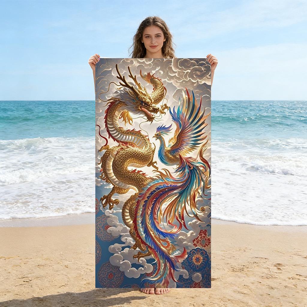 

Traditional Chinese Dragon and Phoenix Beach Towel Quick-drying Towel Suitable for Seaside Pool Camping Yoga For Family Friends W30*H60(CM)