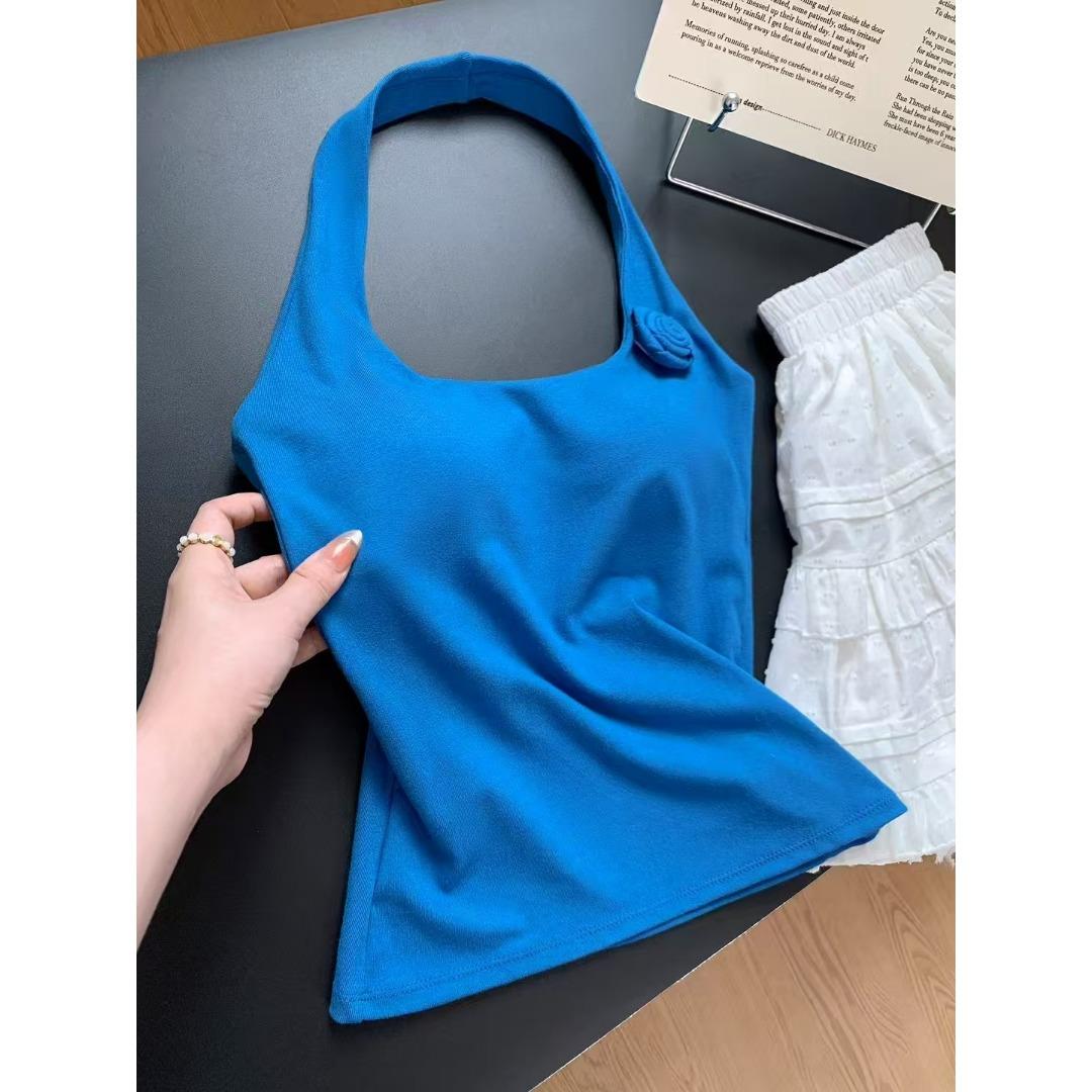 

Милі майки з U-подібним вирізом з 3D трояндою Літо 2025 Нові Spice Girls у приталеному крої Топ на тонких бретелях One Size синій