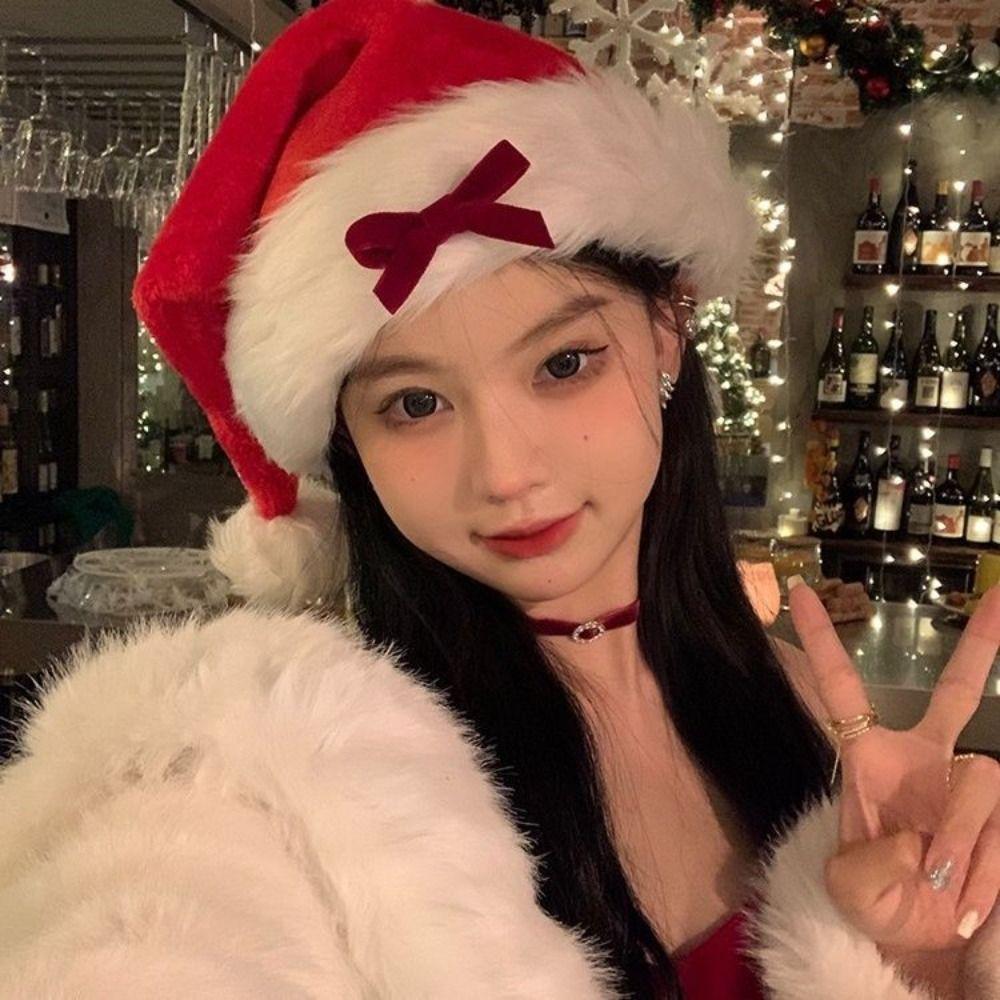Bowknot Christmas Hat Merry Christmas Decoration Red Plush Hat Leisure Santa Claus Hat  Warm