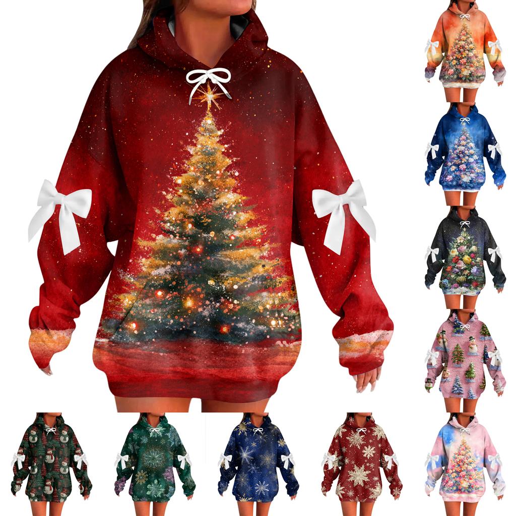 Ladies' Christmas Printed Bow Long Sleeved Loose Fitting Headband With Rope Hooded Sweatshirt Top