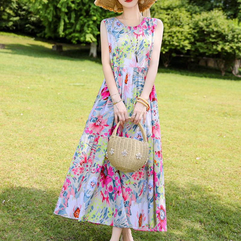 Elegant Sleeveless Dress for Women Plus Size Short Sleeve Vintage Print Long Dress Summer Casual Middle-aged Women's Clothing