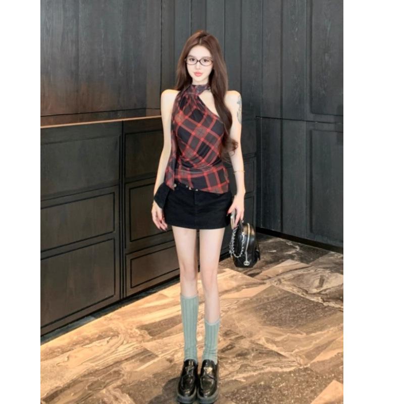 Spice girl sexy neck sleeveless top women's summer new design irregular plaid suspender vest bottoming shirt