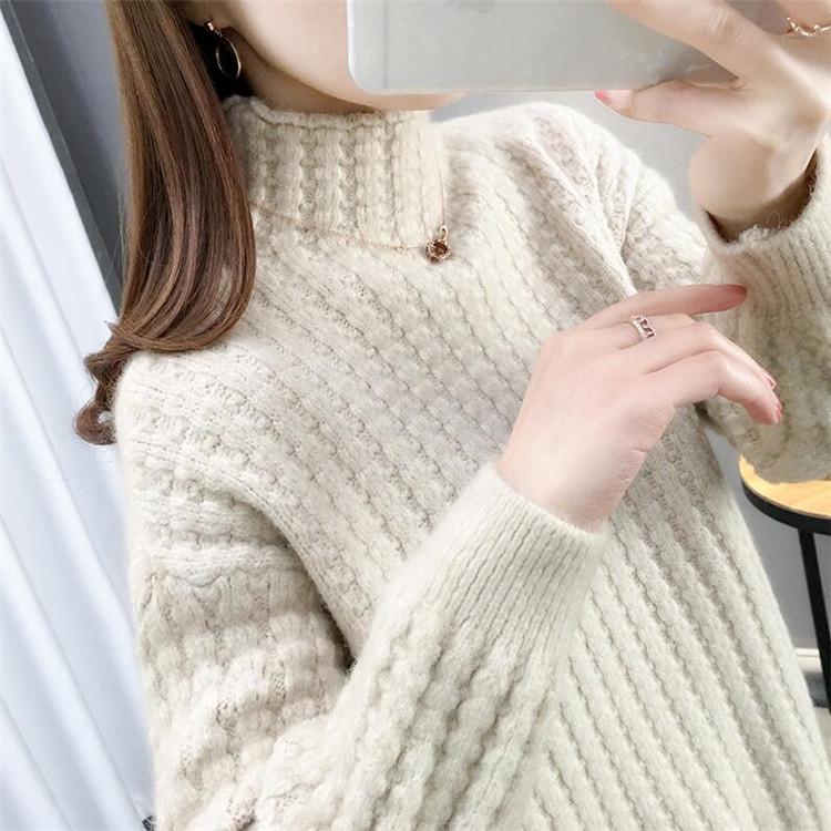 Korean-Japanese Style Autumn/Winter Thick Loose Pullover Sweater for Women with Half High Neck.