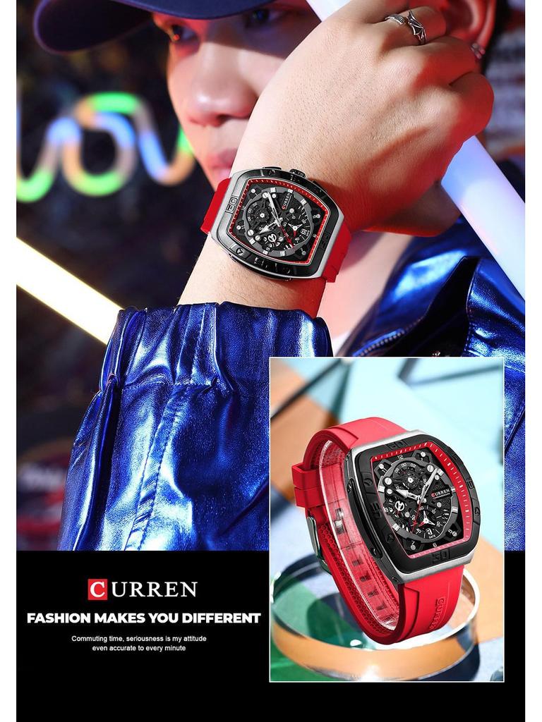 CURREN 8443 Wasserdichte Herren-Quarz-Multifunktionsuhr mit Sechs-Zeiger-Design und Tonnenform