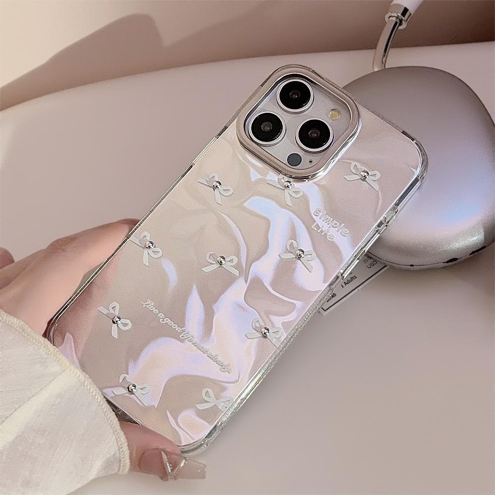Korean Style for IPhone16 Mobile Phone Case for Apple 13 Three-dimensional White Bow 14promax Water Ripple 12 Hard