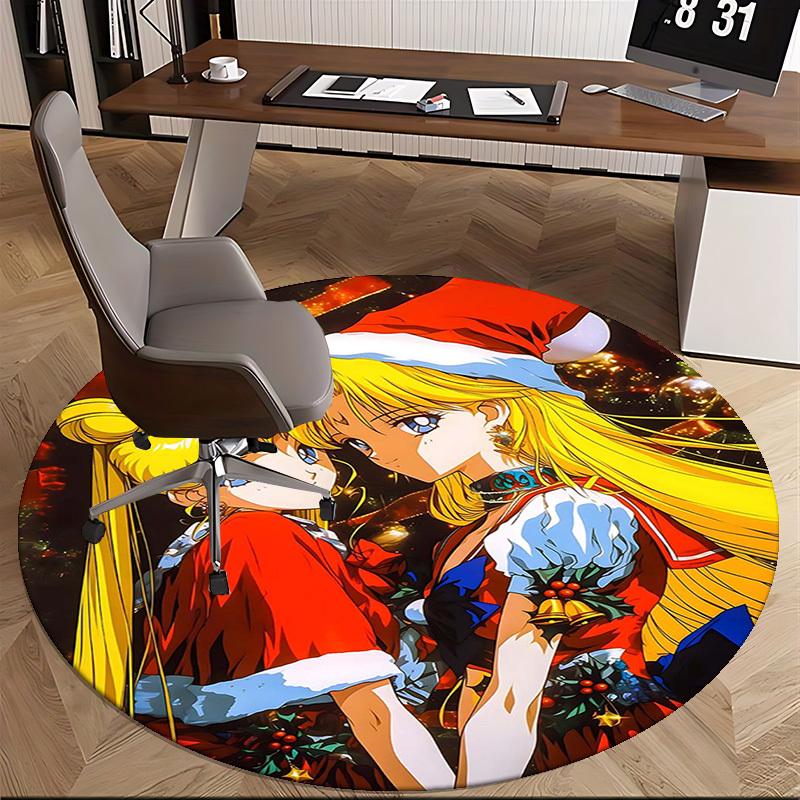 1pc Anime Christmas Sailor Moon Round Carpet Office Chair Mat, NonSlip Rug for Home Decor, Living Room, Bedroom