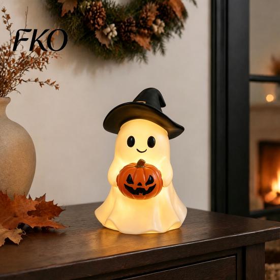 LED Pumpkin Decor Halloween Ghost Figurine, Cute Resin Holding Spooky Table Centerpiece Statue for Desk Tabletop Indoor Home Safe Flameless