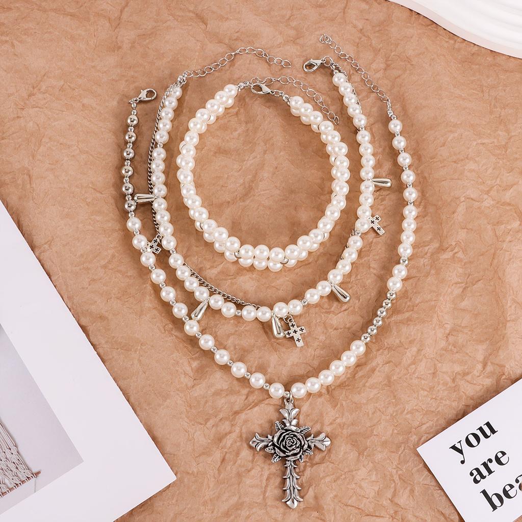 Y2K Accessories Simulation Pearl Cross Choker Necklace for Women Korean Punk Goth Jewelry Accessories