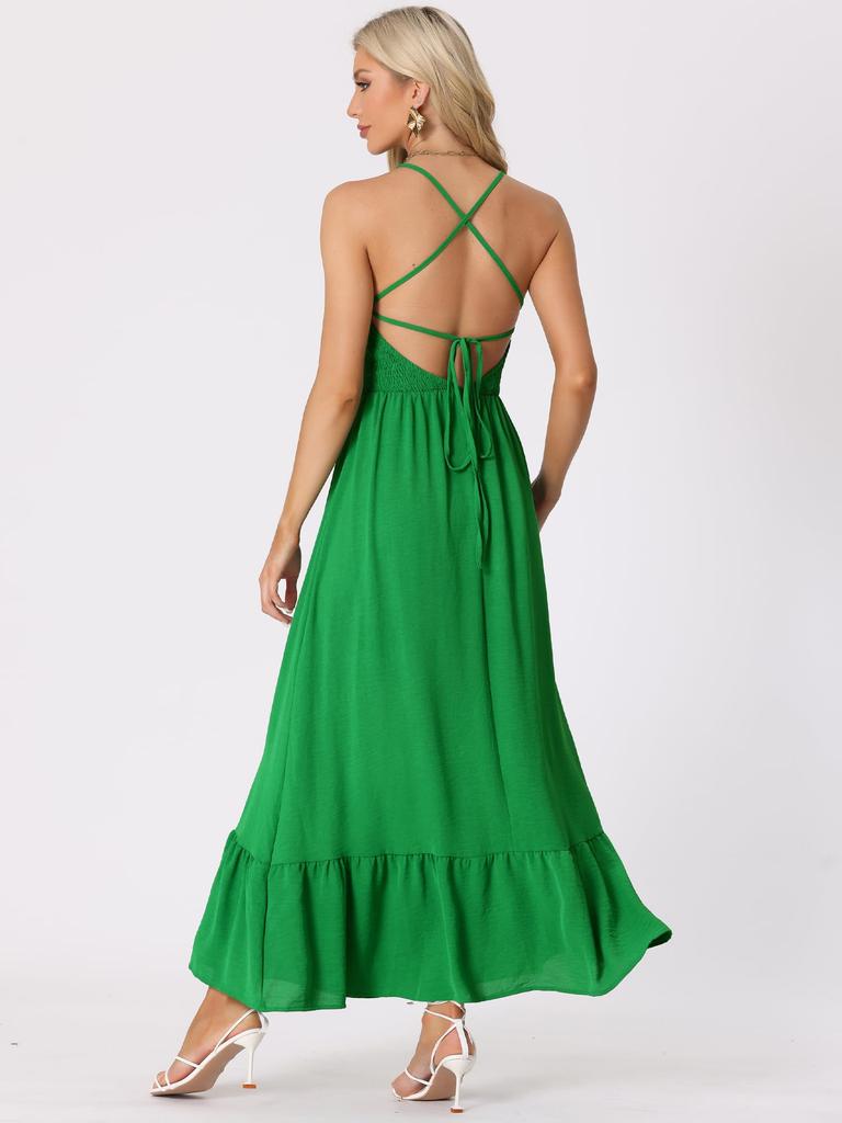 Allegra K Women's Solid Smock Halter Neck Backless Sleeveless Summer Maxi Dress, Green, Size S