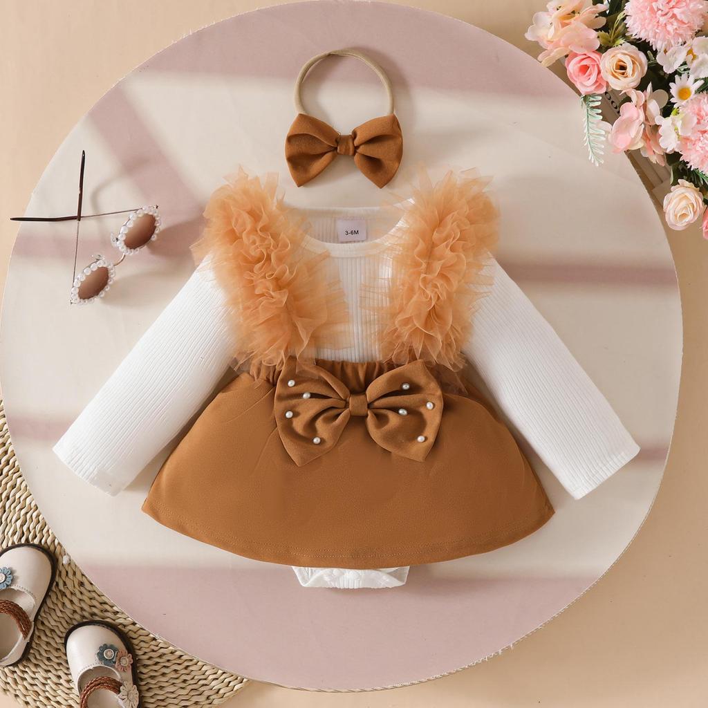 Baby Girl Long-Sleeve Ribbed Romper with Mesh Skirt Hem and Beaded Bow for Autumn and Winter