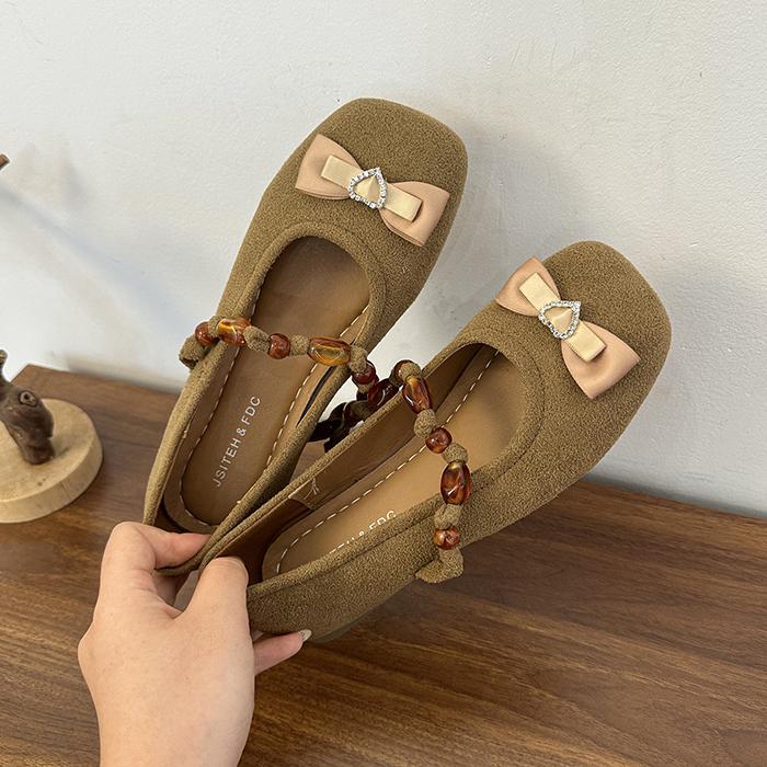 Fashion Beaded flat shallow toe single shoes for women 2025 new style with gentle bow and skirt, Mary Jane Bean shoes