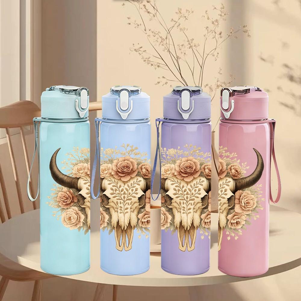 1PC Western Bull Skull Horn 750ml Color Plastic Sports Water Bottle Leakproof Flip Straw Lid Suitable for Sports Office Home Use