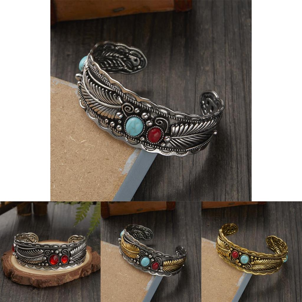 Style Oval Turquoise Bracelet With Vintage Two Tone Leaf Design For Women