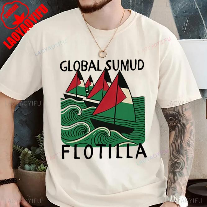 Frieden Global Sumud Flotte Unisex Lässiges Bedrucktes T-Shirt Rundhalsausschnitt Kurze Ärmel Baumwolle Oberteil Alle Jahreszeiten Mode Weiches Kurzarml