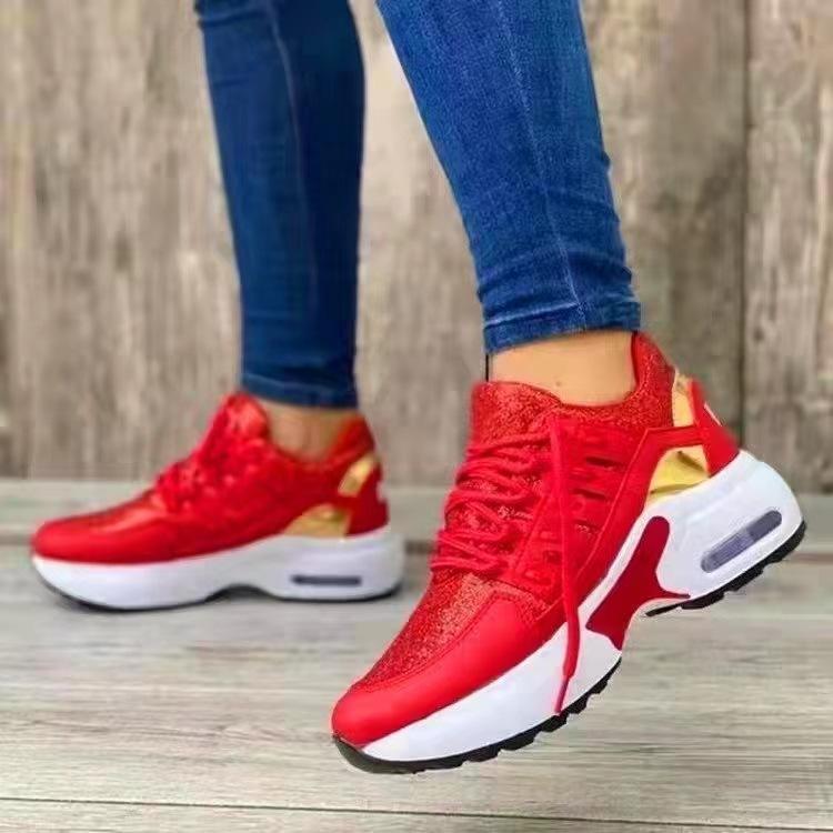 

Spring Large Size Sports And Leisure Single Shoes Women S Thick-Soled Flying-Woven Slope Heel Front Lace-Up Mesh Surface 35 красный