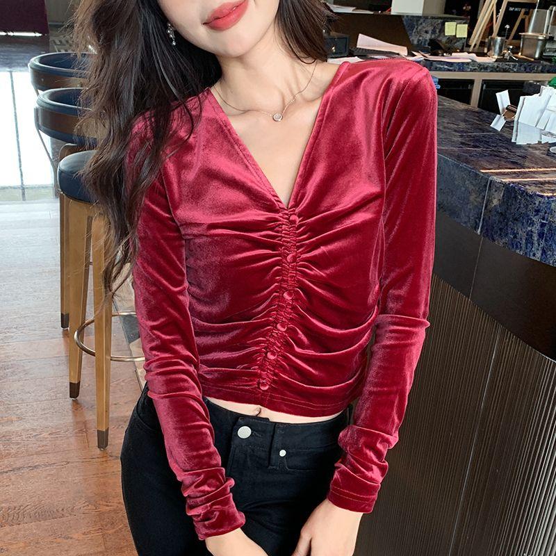 Small Fall and Winter New Arrival Fashion Commute Slim-Fit Easiest for Match V Neck Ruched Pleuche Long Sleeve T-shirt Bottoming Shirt