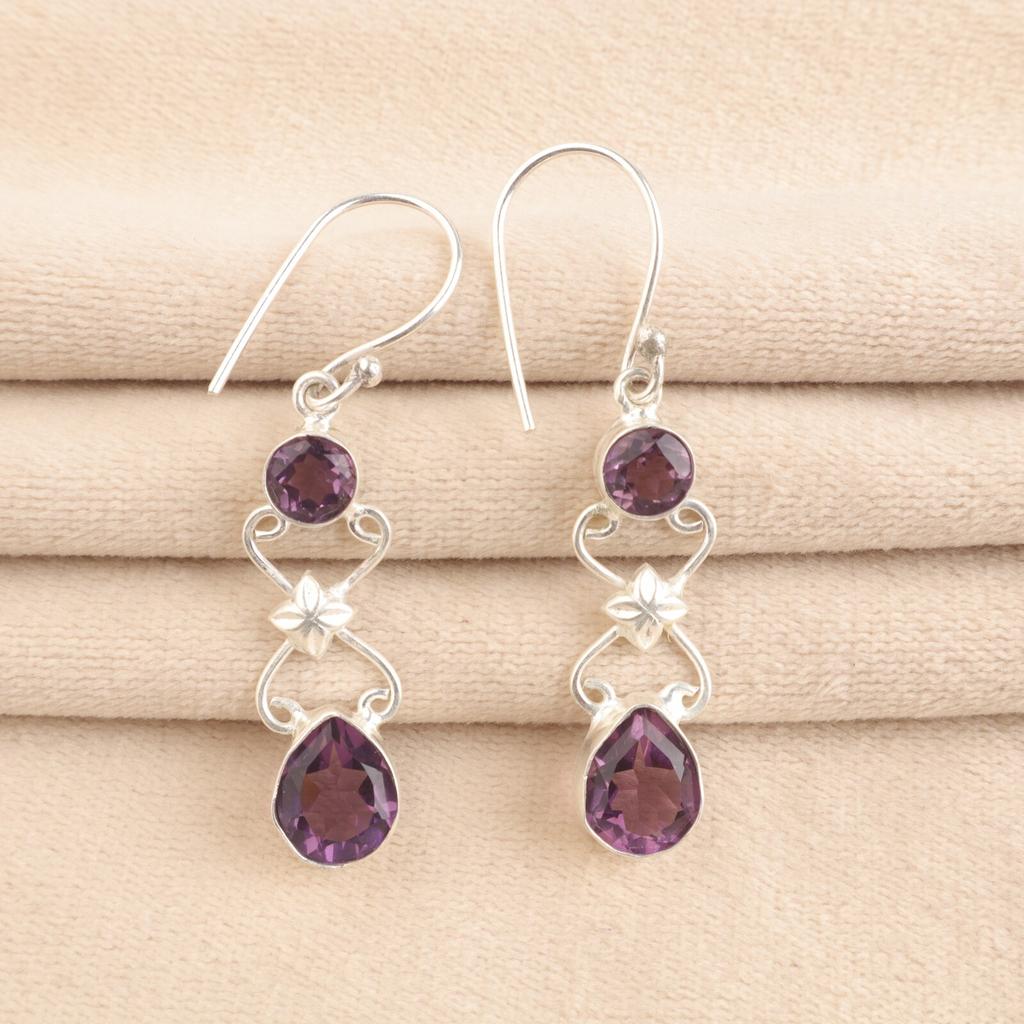 Natural Amethyst Gemstone 925 Sterling Silver Handmade Statement Earrings 2" EE-156-11
