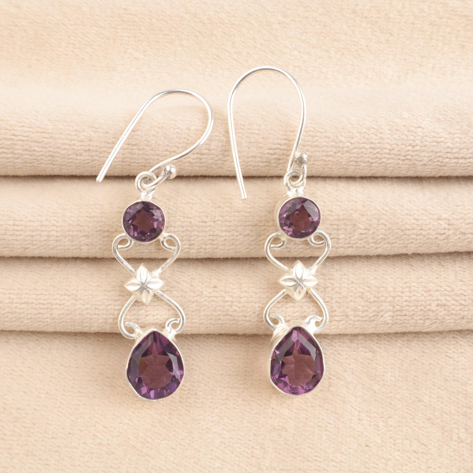 

Natural Amethyst Gemstone 925 Sterling Silver Handmade Statement Earrings 2 EE-156-11