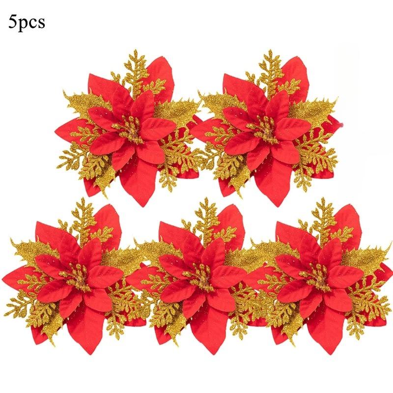 

1/3/5 шт. Рождественские цветы с блестками, искусственная пуансеттия, цветочные украшения для рождественской елки, гирлянды для дома, свадебного торжества Red and Golden 5PCS