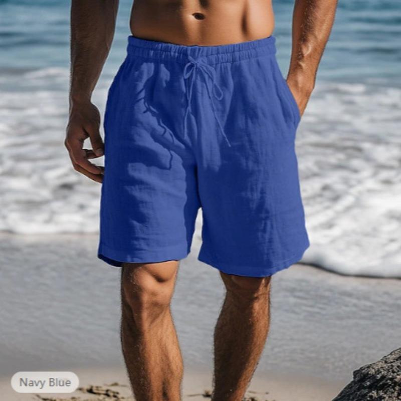 New Linen shorts, drawstring elastic waist, Solid color breathable daily beach five-point casual pants