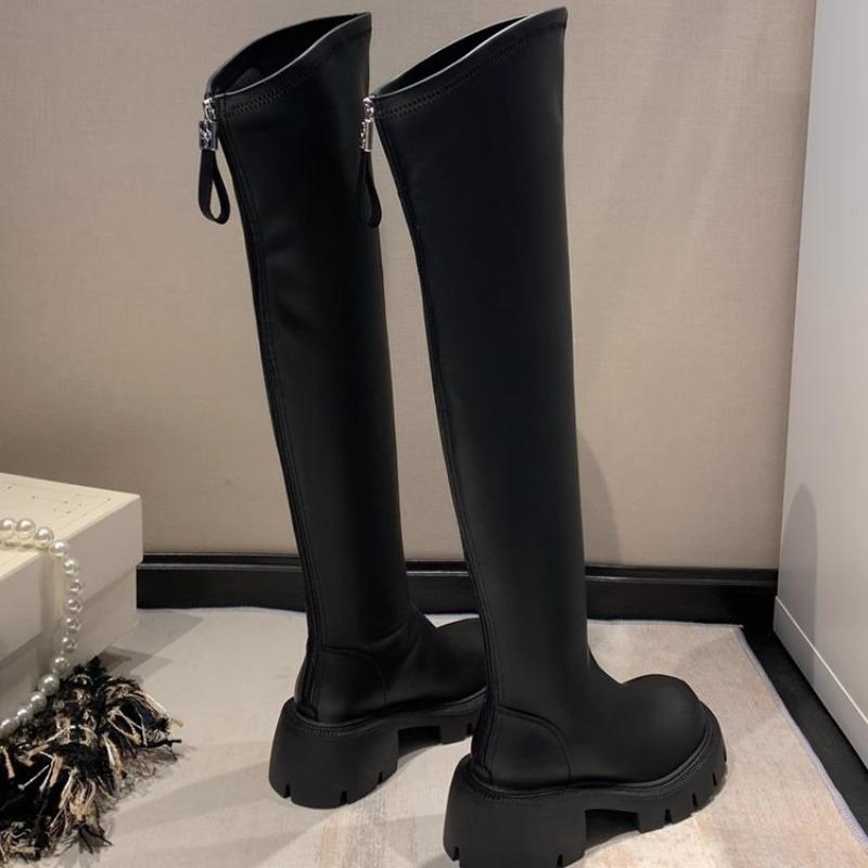 Over-knee Boots Women's Elastic Black Tall Boots Thick-soled New Winter Velvet Boots Look Thin