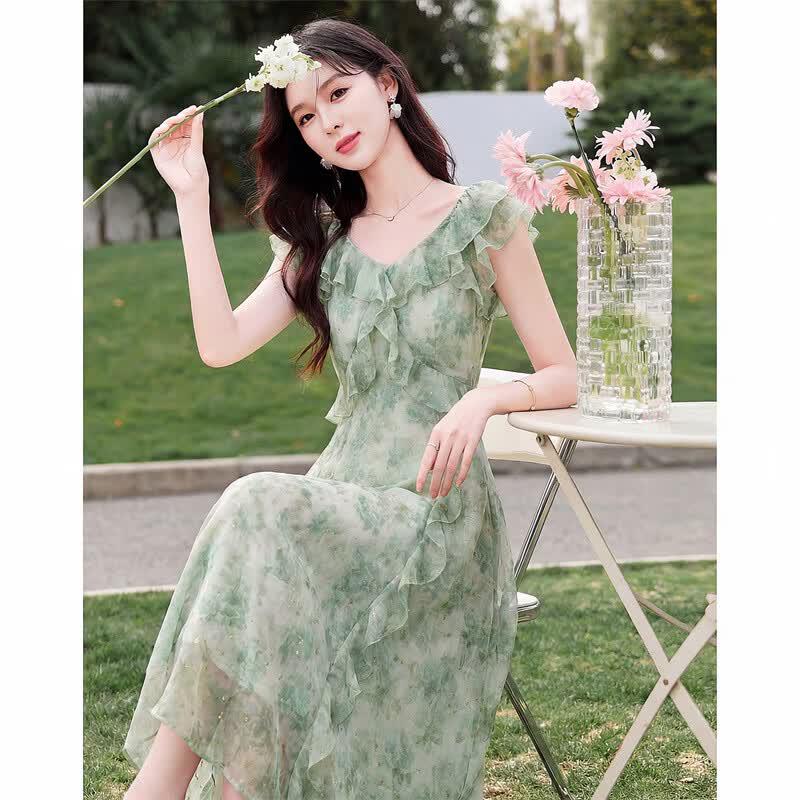 Elegant French Floral Ruffle A-Line Midi Dress M