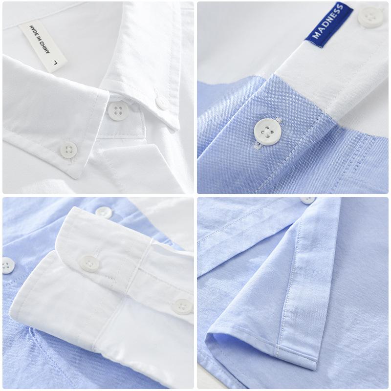Langarmhemd für Herren im koreanischen Stil Frühling/Herbst Reine Baumwolle Lässige Oberteile Neue Mode Herrenbekleidung Patchworkhemd Jugend