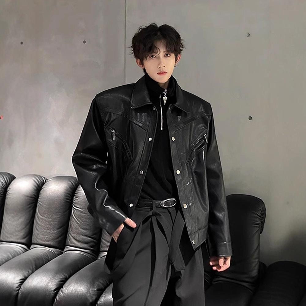 Kurze Schultergepolsterte Lederjacke Herren Trendmarke Raufbold Schön High-End Lokomotivbekleidung Cleanfit Amerikanische Bomberjacke