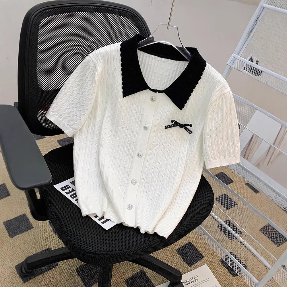 

Летний трикотаж в стиле «гёрли» с цветными блоками 2025: Топ с короткими рукавами и бантом для женщин One Size (up to 125 jin) белый