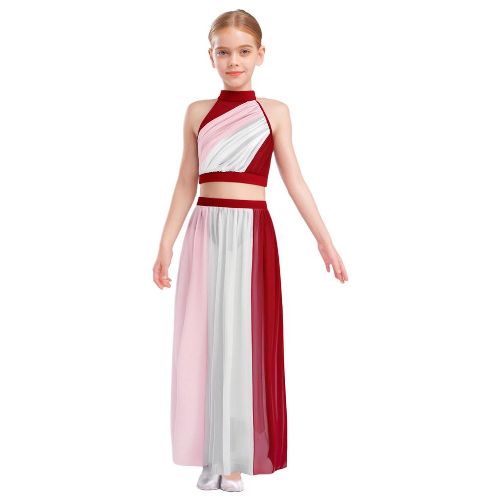 Dětský dívčí lyrický taneční kostým bez rukávů, barevně blokovaný, s řasením vpředu, klíčovou dírkou na zádech, crop top se splývavou šifonovou sukní s rozparkem