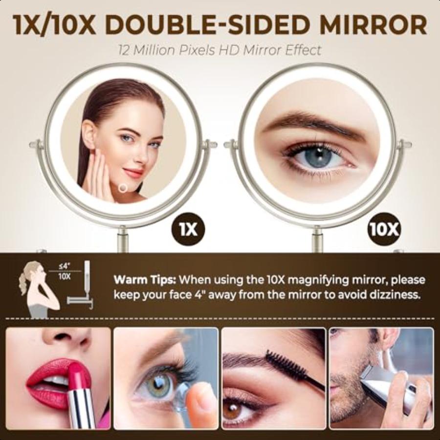 8 Wall Mounted Lighted Makeup Mirror 3000mAh Rechargeable Double Sided 1X 10X Magnifying Mirror with Hook 3 Color Lights Touch