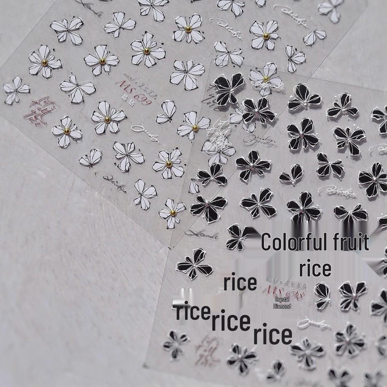 

3D наклейки для ногтей с цветами: Дизайн «Кристалл-бриллиант» и стальной шар, черно-белый ретро-стиль, самоклеящийся. White Flower Sticker - 1 Sheet