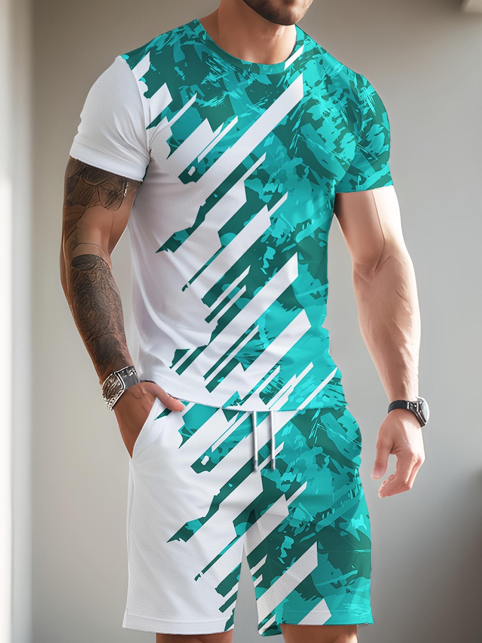 3D Striped Print T-Shirt & Drawstring Shorts Set S