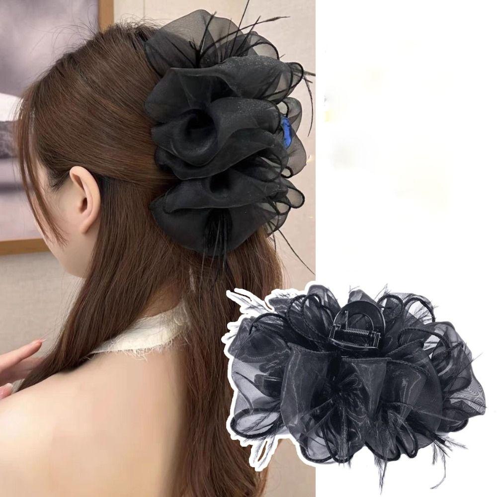 

Gauze Bow Hair Claw Mesh Mesh Ponytail Clip Temperament Feather Bow Shark Clip Daily