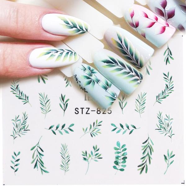 Water Nail Decal and Sticker Flower Leaf Tree Green Simple Summer Slider for Manicure Nail Art Watermark Tips
