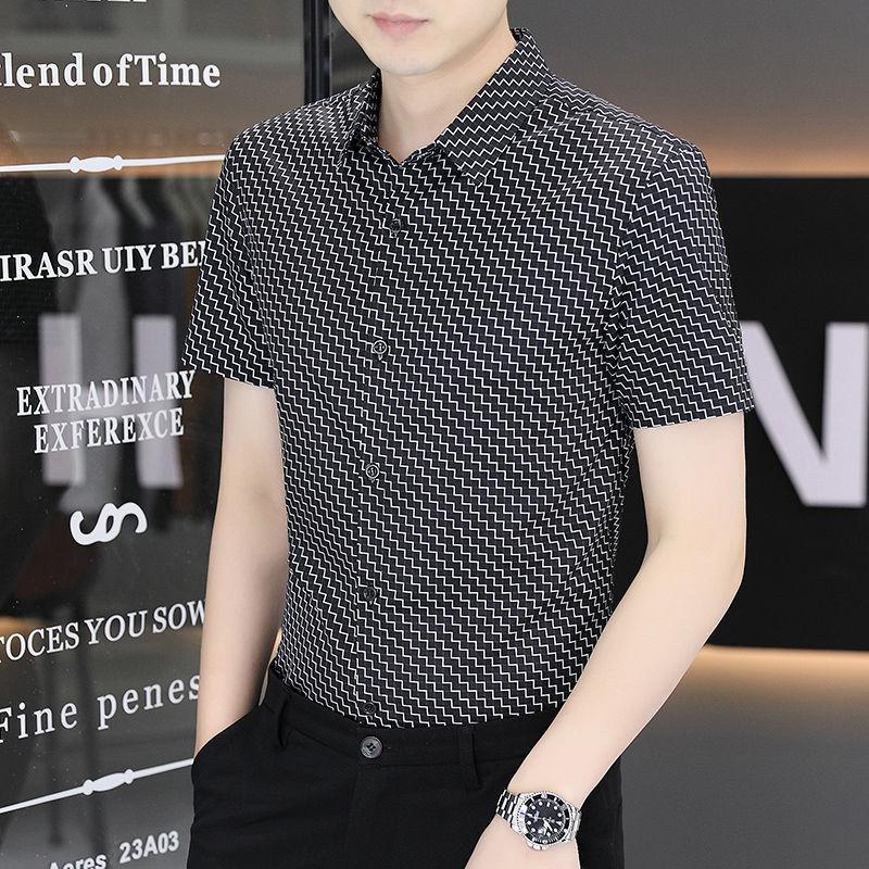 Shirt Short-sleeved Ice Silk Striped Men's Slim Summer New Casual Shirt