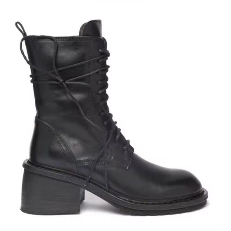 Ann Locomotive Martin Boots Female New Student Versatile Medium Boots Thick Heel Leather Single Boots