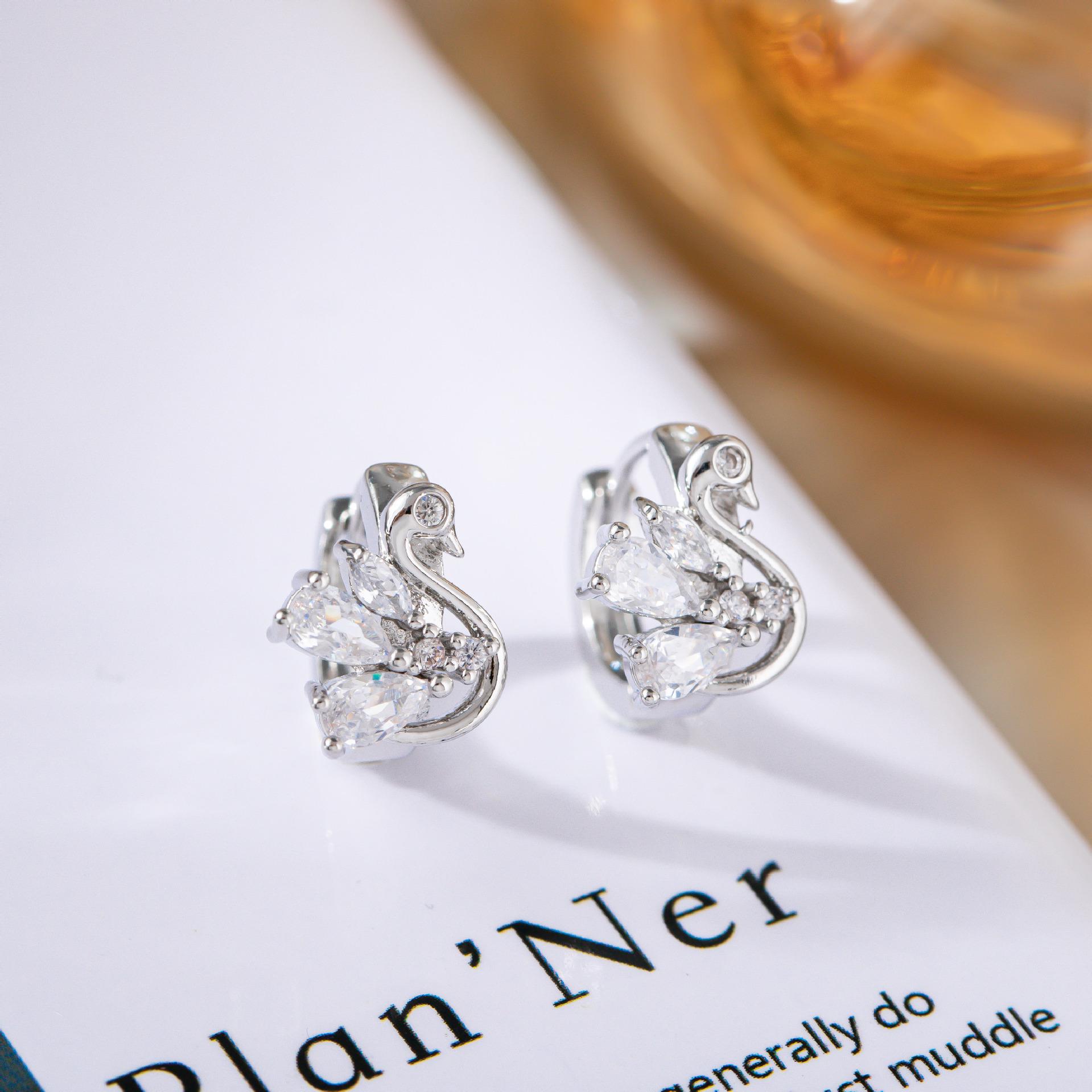 Korean Cute Swan Mini Diamond Earrings - Simple, Shiny  Trendy Accessory