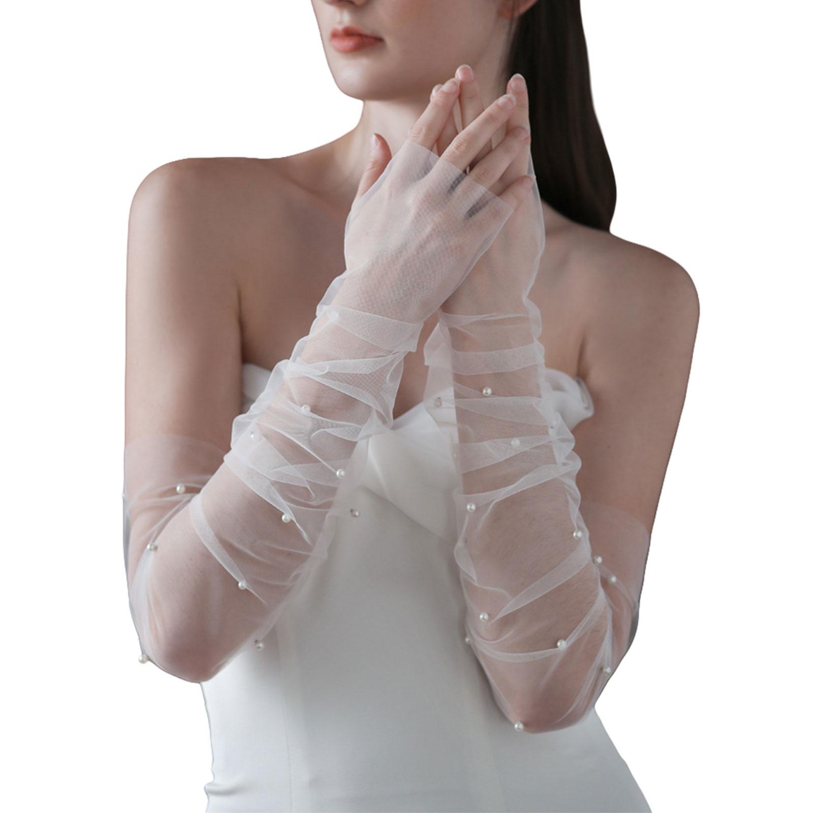 

Перчатки с оборками Легкие Элегантные Накидки на руки Жемчуг Длинный рукав Декоративный Тюль для Свадьбы Искусственный жемчуг Перчатки Прозрачные белый