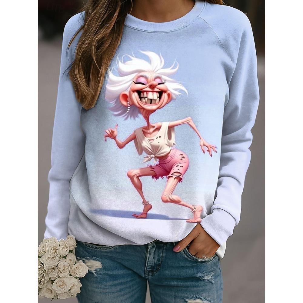 Fall Winter Pullover Women's Funny Old Lady Sweatshirt Trendy 3D Print O-Neck Long Sleeve Tops  Women's Apparel Streetwear