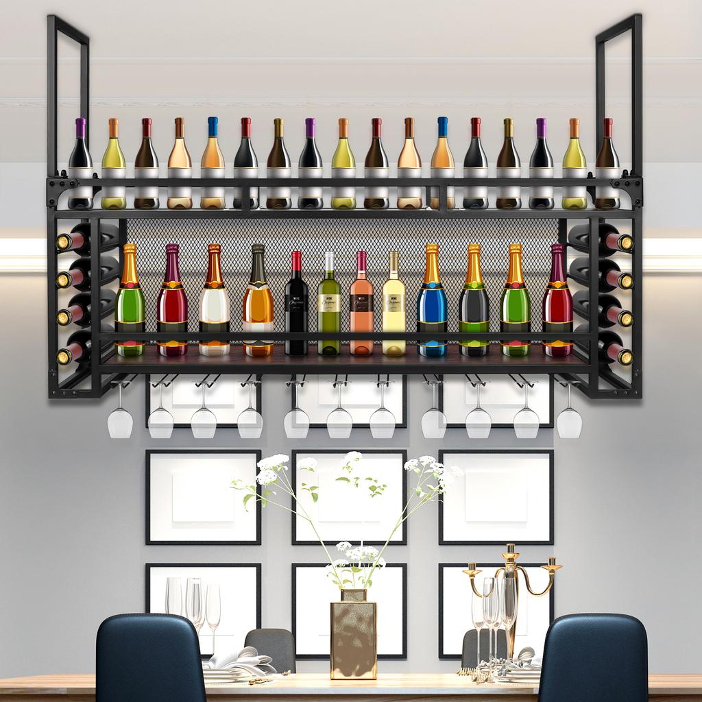 Wall Mounted 2 Tier Wine Rack Simple Type With Light 59.06x21.65x11.81inch For Bar Restaurant Indoor for Kitchen Dining Room Bar
