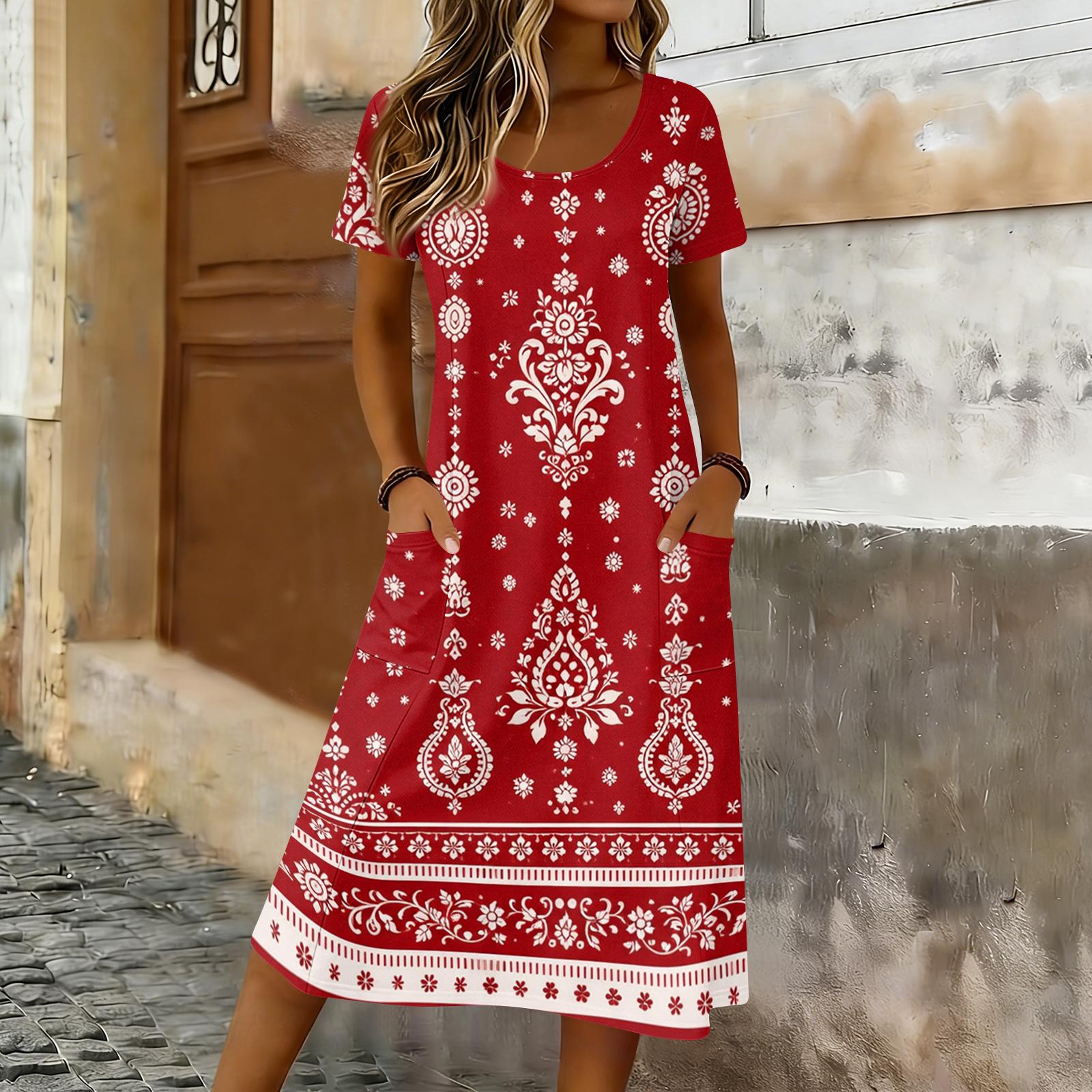 

Women s Casual Loose Round-neck Short-sleeved Pocketed Mid-length Dress XL червоний