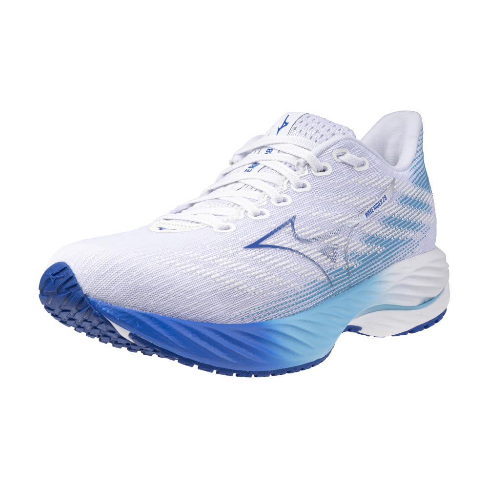 Mizuno Wave Rider 28 Running Thick White x Blue x 2E Shoes, Jogging, Marathon, Training, Sports, Lightweight, Resilient, Sole, Women's, Blue, 23.5 cm,