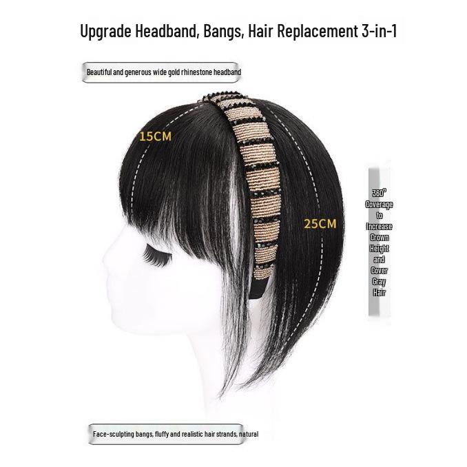 Damen-Haarreif mit Strasssteinen und lockigem Haar mit Pony - Volumensteigerndes Haarteil zum Kaschieren von weißem Haar