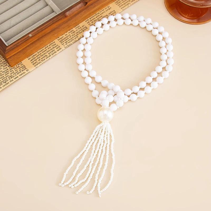 Bohemian Beaded Fringe Necklace Women Layered Luxury Elegant Long Round Bead Collarbone Chain Accessory Vacation Party Wear Gift