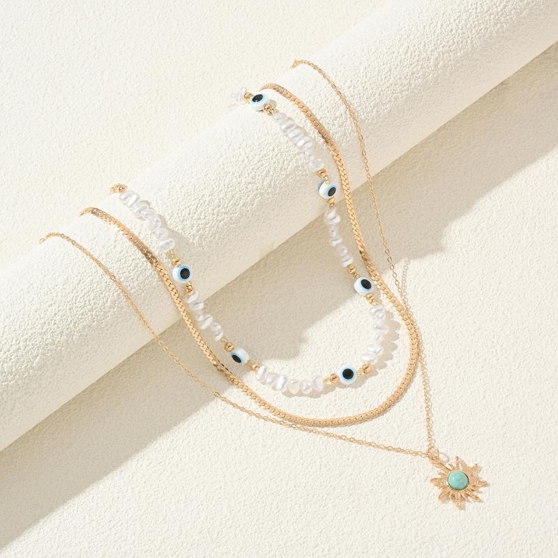 

3Pcs/Set Vintage Necklace Contrasting Colors Personalized Eyes Imitation Pearl Collar Ethnic Sun Pine Stone Pendant Jewelry Gift