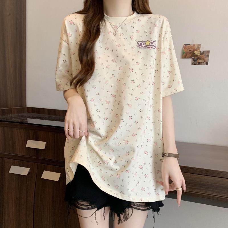 

Женская футболка из чистого хлопка с коротким рукавом и пуф-принтом - средней длины, свободного кроя Small