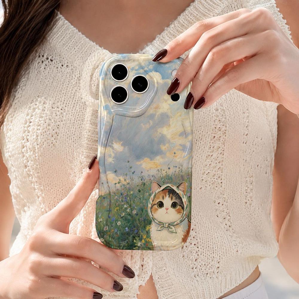Monet Style Meadow Kitten Frame Wavy Edge Phone Case For iPhone 16 15 14 Pro Max 13 12 11 Mini XR XS SE 2020 17 Air Cover Soft TPU