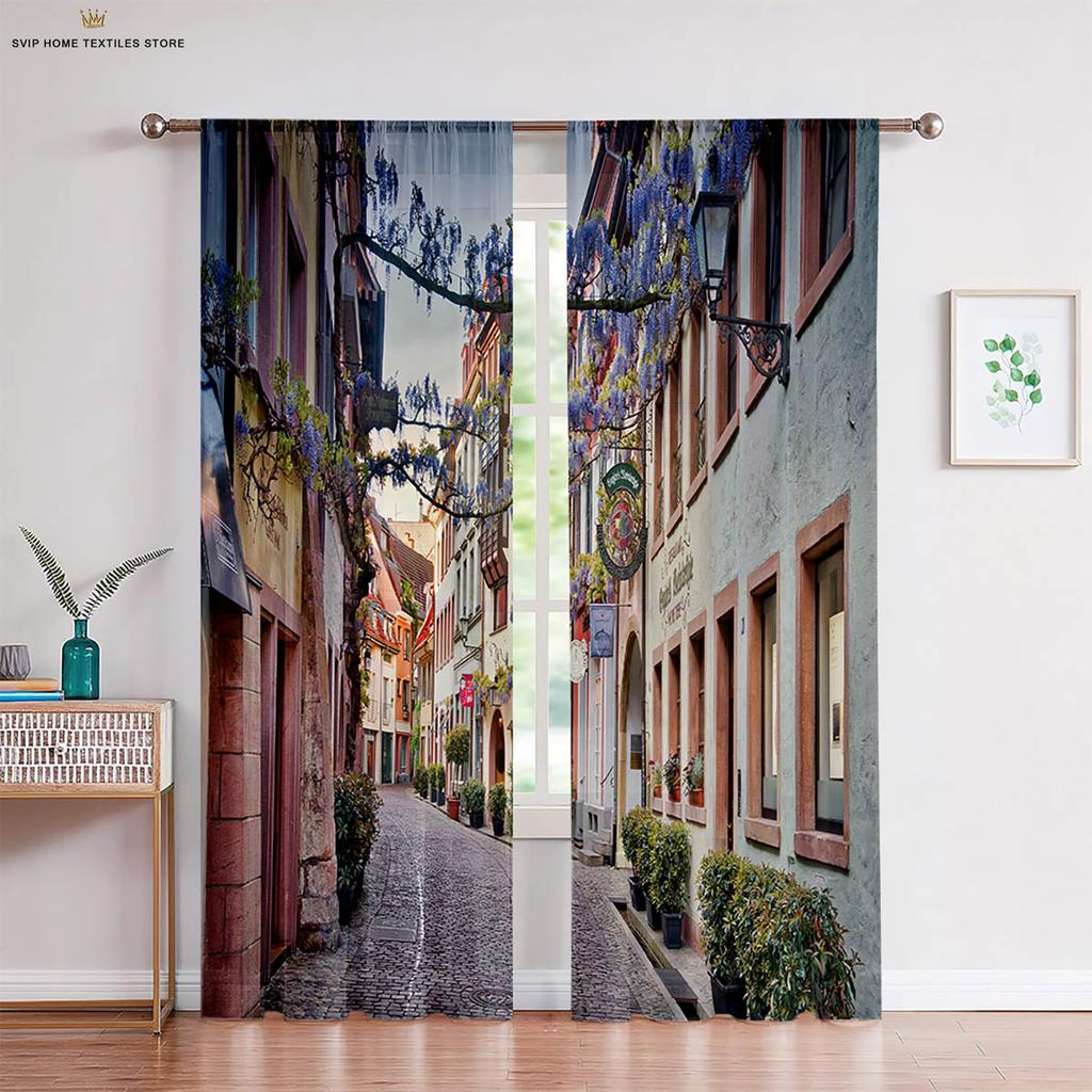 3D City Building Scenery Printing Window, Bedroom, Living Room, Kitchen Curtain, Home Decoration, 2 Pieces
